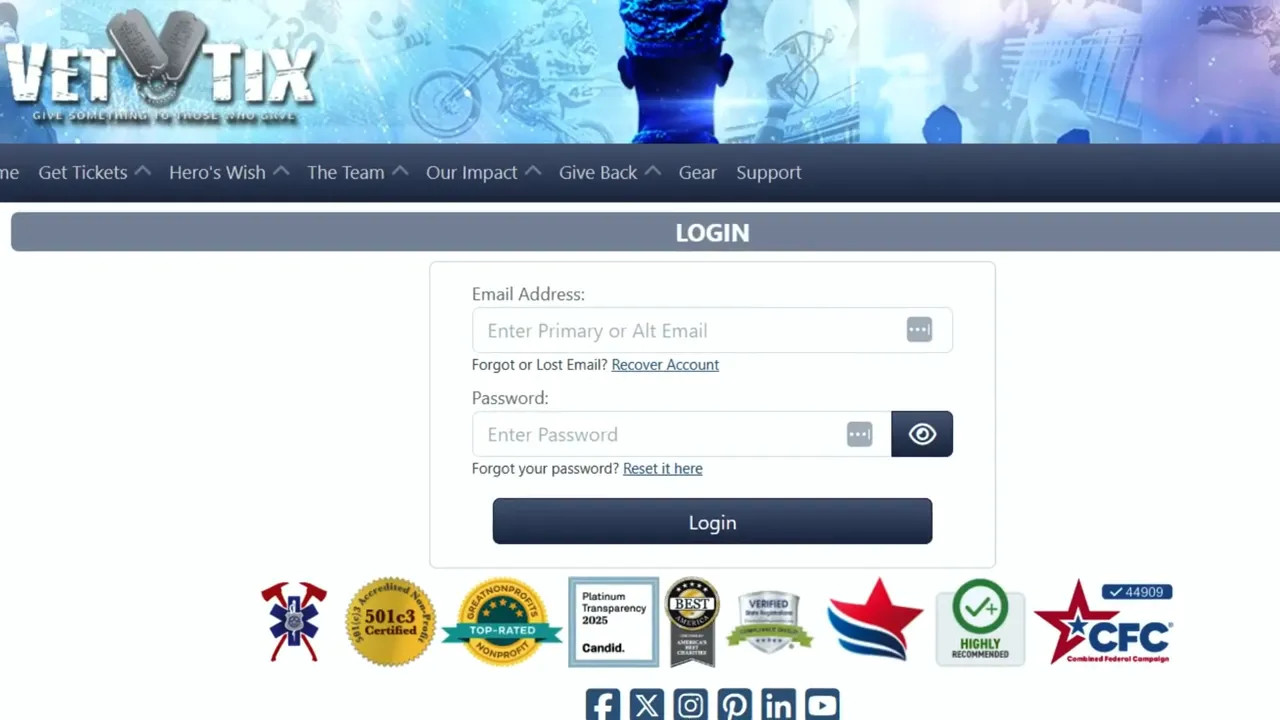 Clear VetTix website login page with email and password fields and certification badges