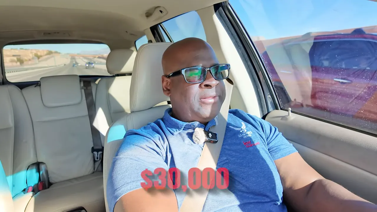Host driving in car with red $30,000 graphic overlay illustrating a lowball offer
