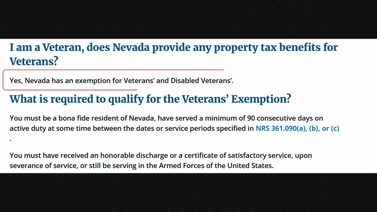 Screen showing Nevada veterans’ property tax exemption eligibility requirements