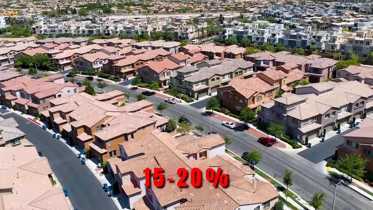 Aerial view of dense suburban housing tracts with a red '15-20%' overlay indicating a price premium for the neighborhood.