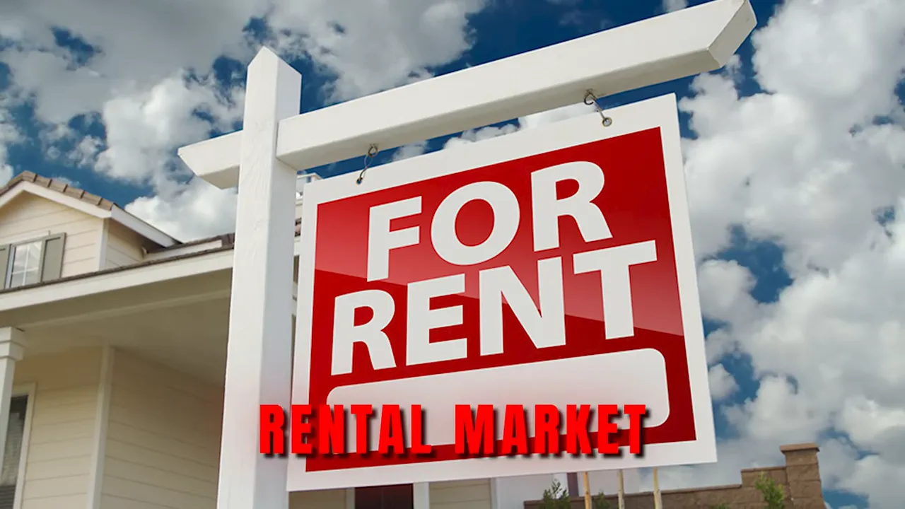 Large red 'For Rent' yard sign in front of a house with bold red overlay text 'Rental Market'.