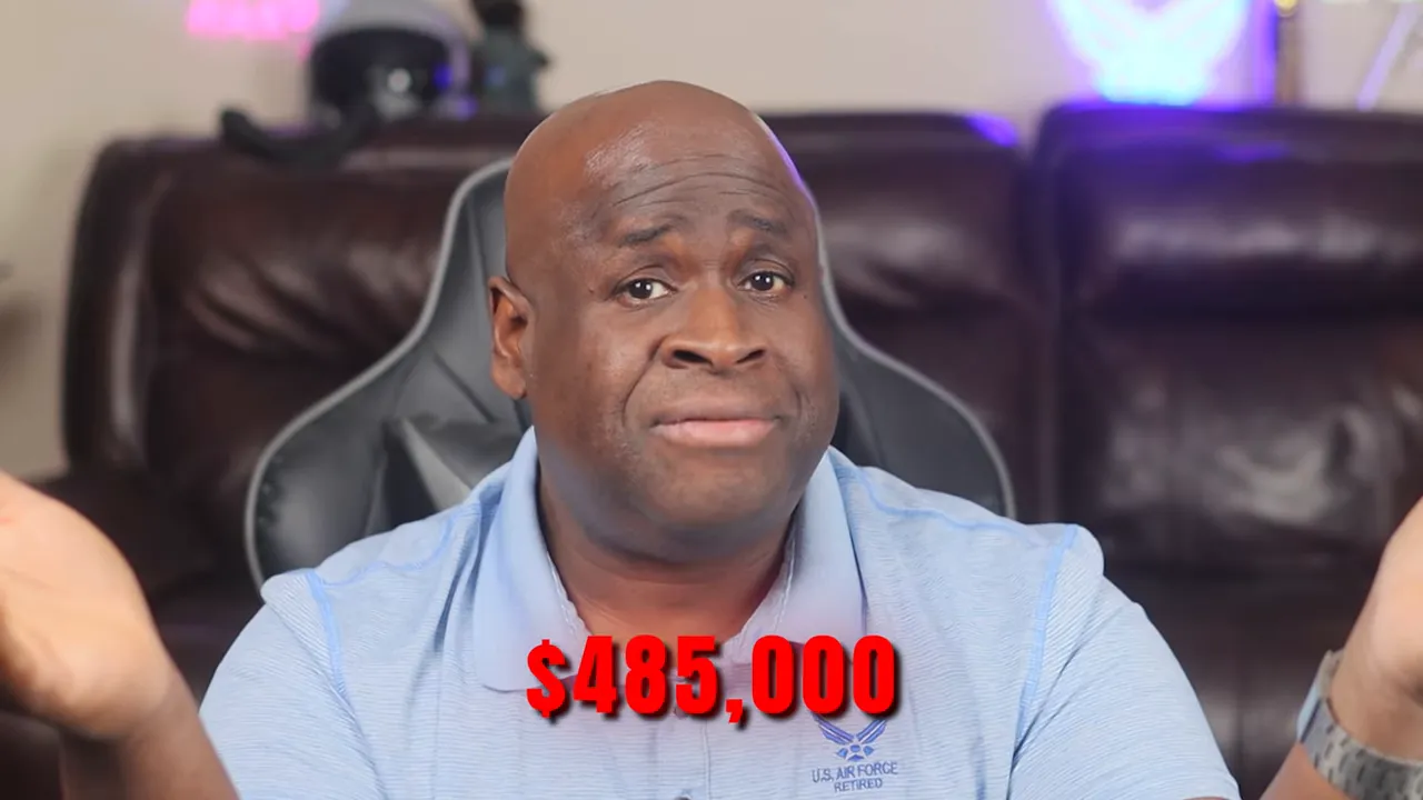 Presenter shrugging with red overlay text '$485,000' indicating the 2025 median home price