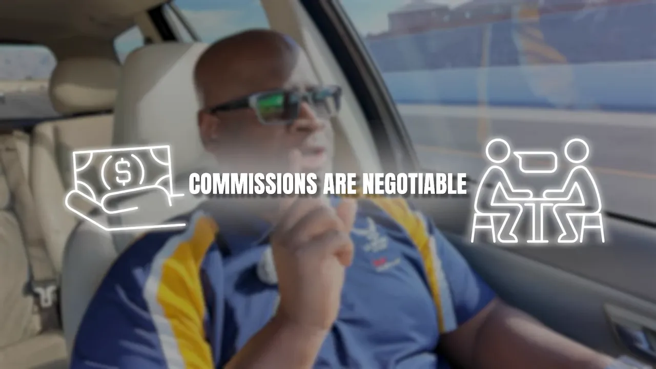 On-screen graphic reading 'COMMISSIONS ARE NEGOTIABLE' over presenter in car