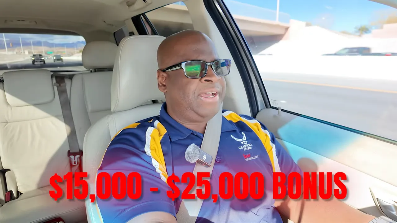 Presenter in a car with red overlay text '$15,000 - $25,000 BONUS' illustrating builder incentives.