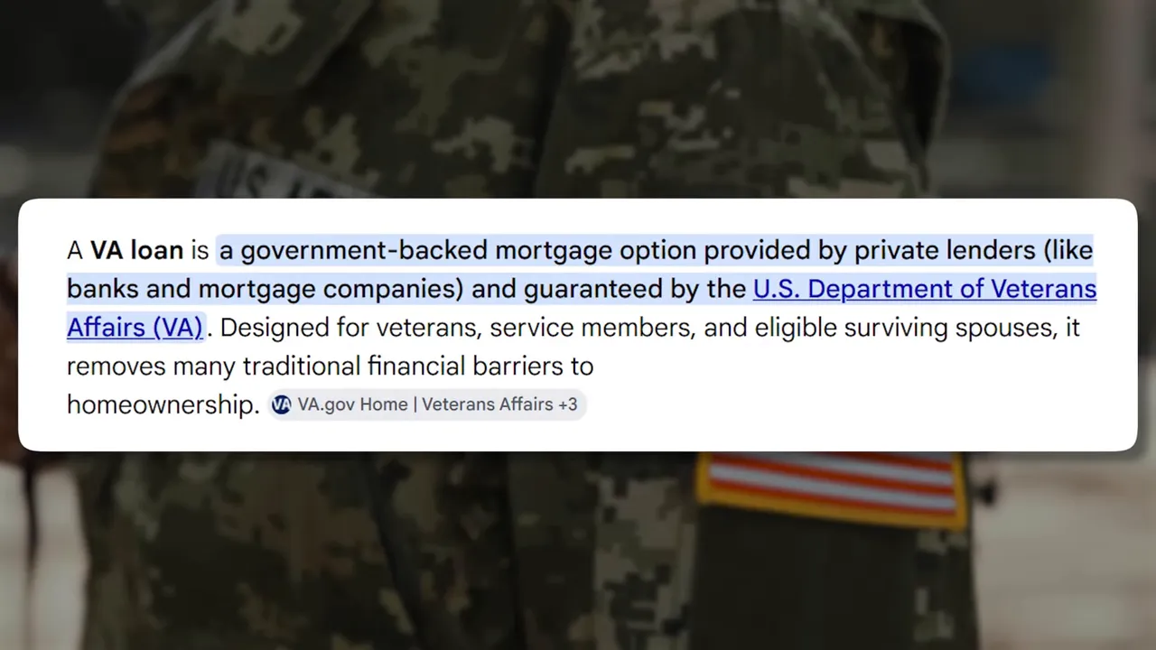 On-screen explanation of what a VA loan is, including government backing and eligibility