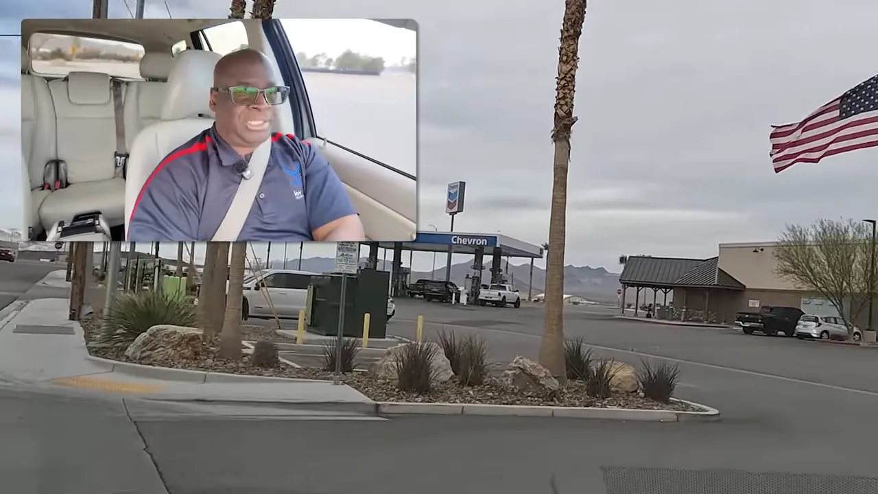 Convenience stop area in Indian Springs Nevada with Chevron station and American flag