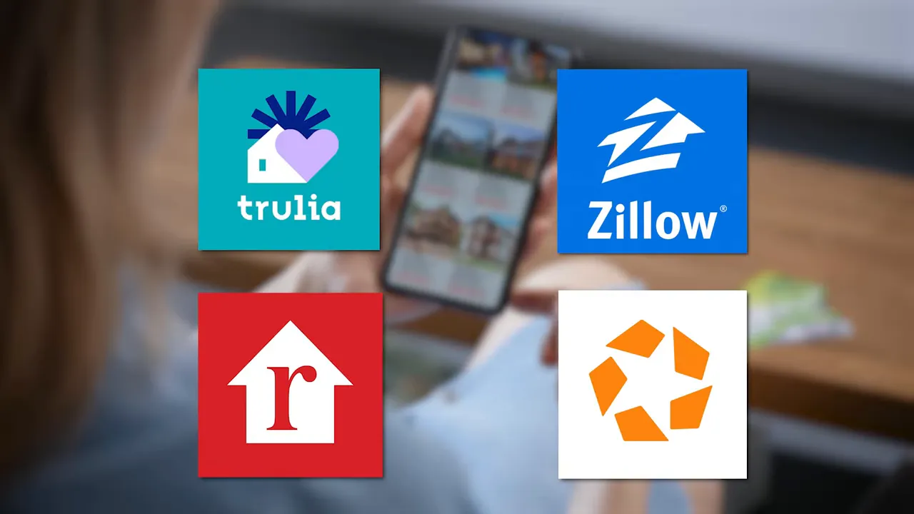 Comparison of real estate platforms with Zillow, Trulia, and Realtor-style logos over a phone showing property listings