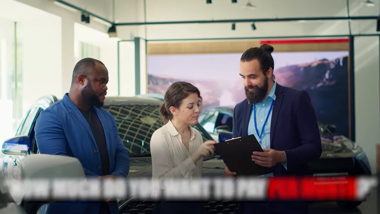 Real estate agent explaining home buying options to clients in a garage setting