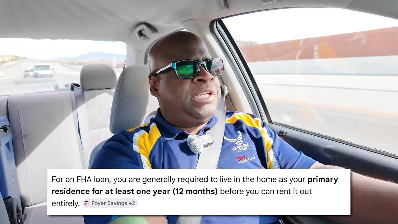 On-screen text stating FHA one-year primary residence requirement before renting entirely