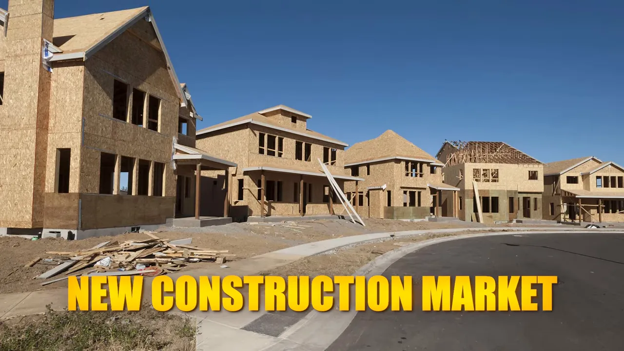 Row of single-family homes under construction in a new Las Vegas subdivision with plywood sheathing and curbside; large yellow text overlay reads 'NEW CONSTRUCTION MARKET'.