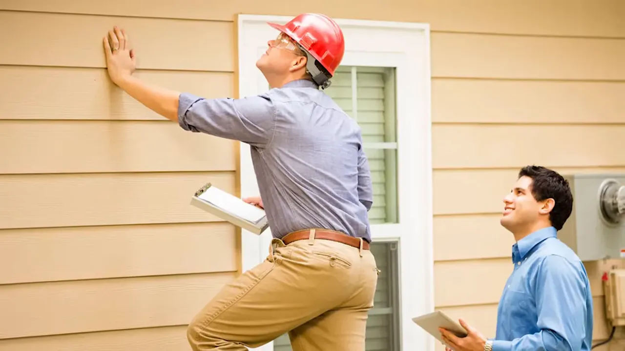 Home inspector examining exterior siding while homeowner looks on