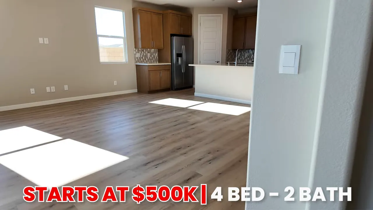 Bright open living room and kitchen with wood-look flooring and 'Starts at $500K | 4 Bed - 2 Bath' text overlay