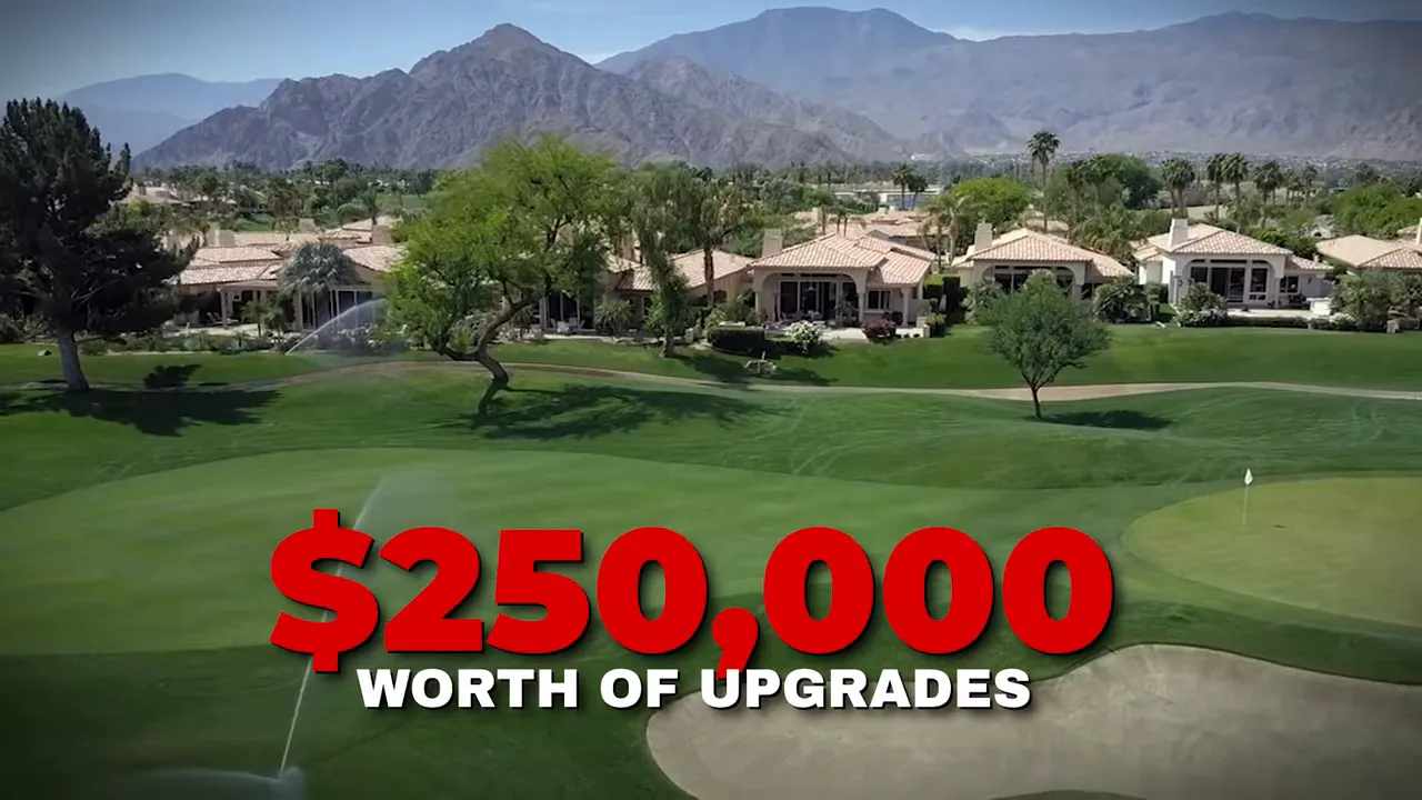 Aerial view of homes with large red text overlay reading '$250,000 WORTH OF UPGRADES'