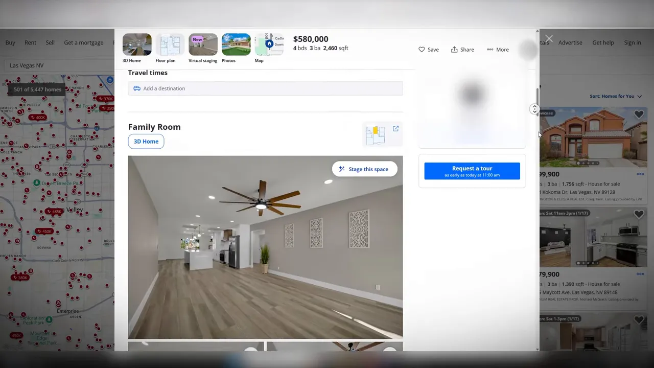 Zillow listing detail page with interior photo, map of listings and 'Request a tour' button