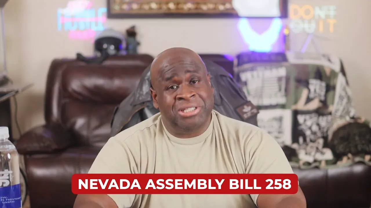 Presenter with a red on-screen banner reading 'NEVADA ASSEMBLY BILL 258'.