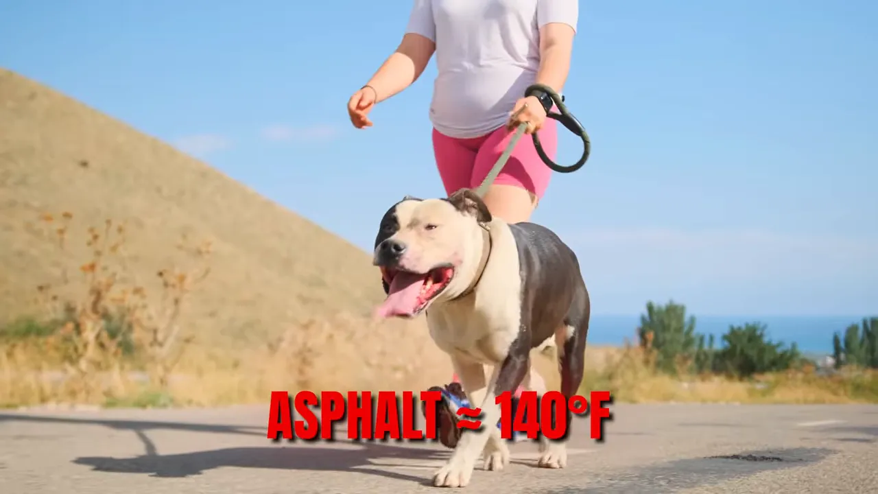 Dog walking on asphalt labeled with extreme heat warning