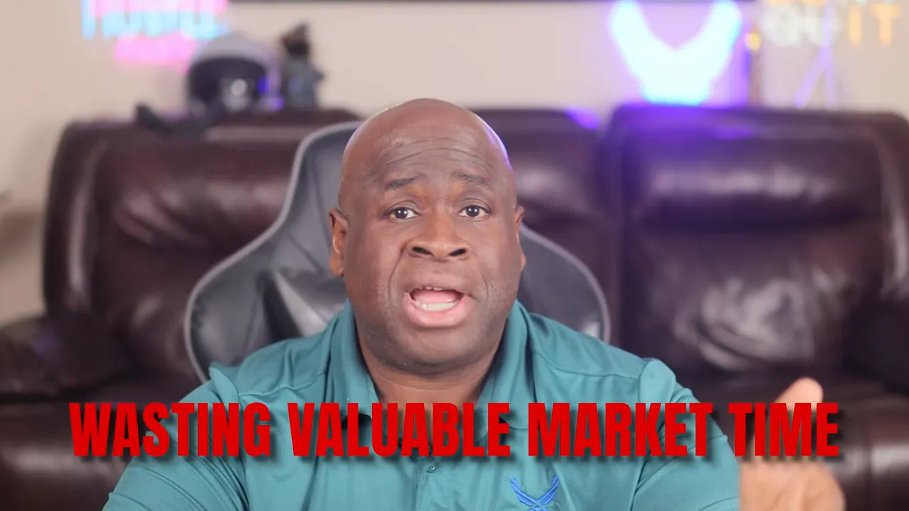 Presenter on camera with on-screen text about wasting valuable market time