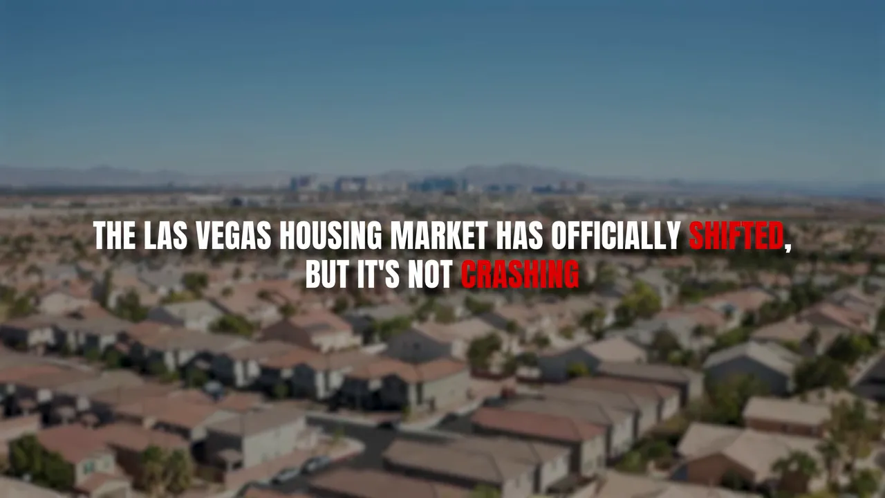 Aerial view of Las Vegas neighborhoods with text saying the housing market has shifted but is not crashing