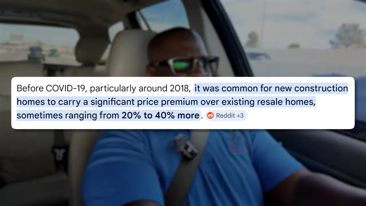 Screenshot overlay about pre-COVID price premiums for new construction compared to resale homes