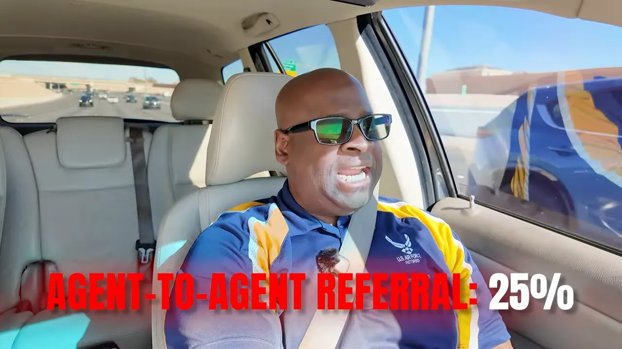On-screen text 'AGENT-TO-AGENT REFERRAL: 25%' over a real estate commentator in a car