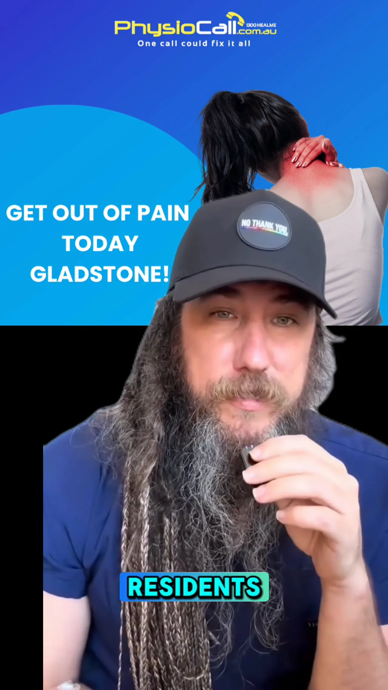 PhysioCall blue promotional header with a person holding their sore neck and the presenter in the foreground holding a microphone