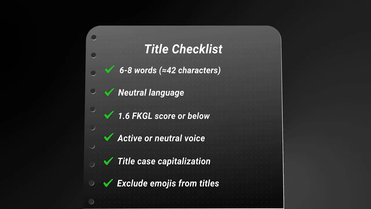 Quadro escuro com checklist de títulos mostrando: 6–8 palavras (≈42 caracteres), linguagem neutra, FKGL ≤ 1.6, voz ativa/neutra, Title Case e excluir emojis.