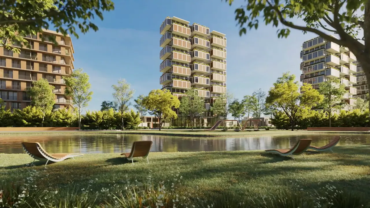 Landscape rendering of Tengah forest-town style residential blocks beside a pond and greenery
