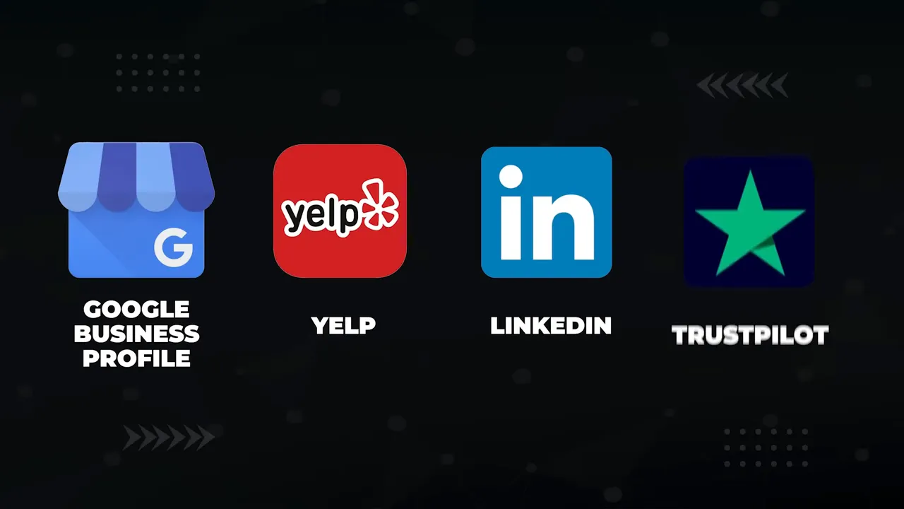 Biểu tượng Google Business Profile, Yelp, LinkedIn và Trustpilot trên nền tối