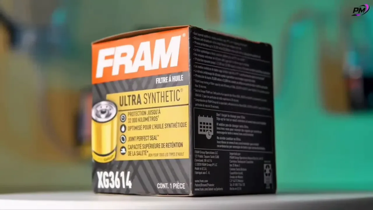 FRAM Ultra Synthetic oil filter box (XG3614) on a table, front and side visible