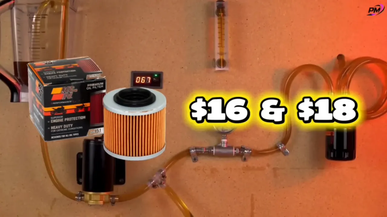 K&N filter cartridge and product box with a bold '$16 & $18' price graphic over a test rig background