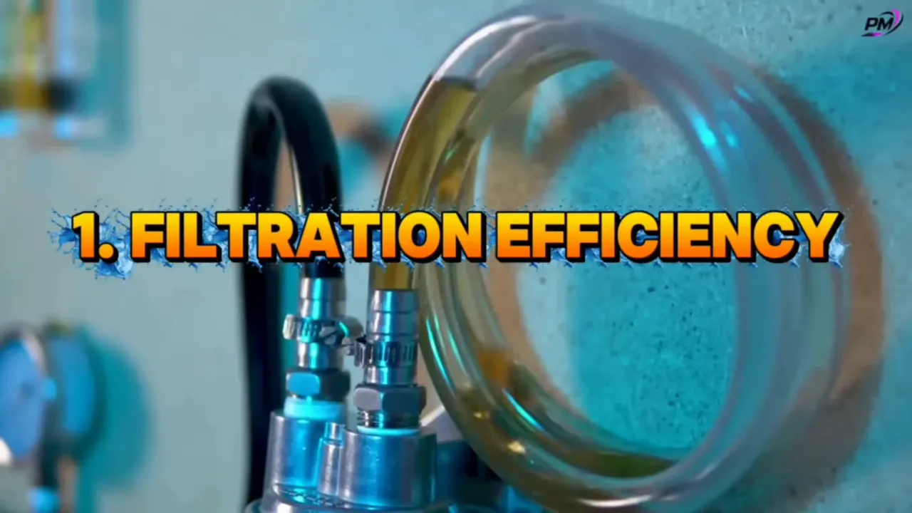 Title card reading '1. FILTRATION EFFICIENCY' over a close-up of oil equipment.