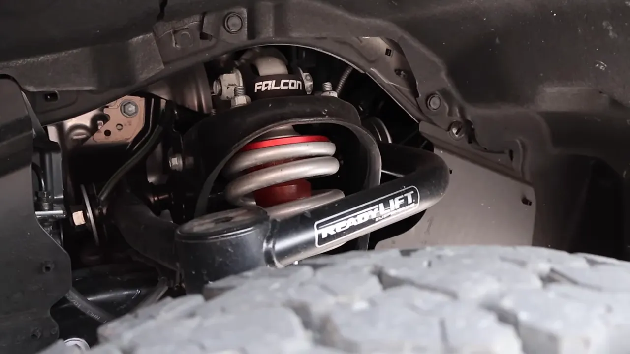 Falcon adjustable shock and ReadyLift control arm installed on 4Runner showing lift hardware