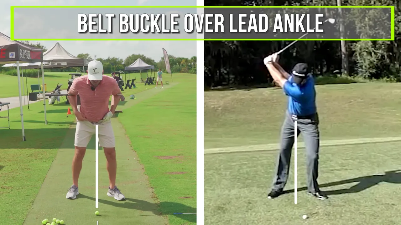 Golf instructor with belt buckle aligned over lead ankle demonstrating lateral shift