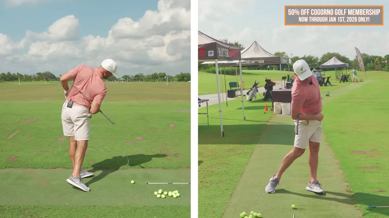 Split-screen side and face-on views showing a golfer's lateral shift, rotation and upper-body tilt with the butt of the club aimed toward the ball
