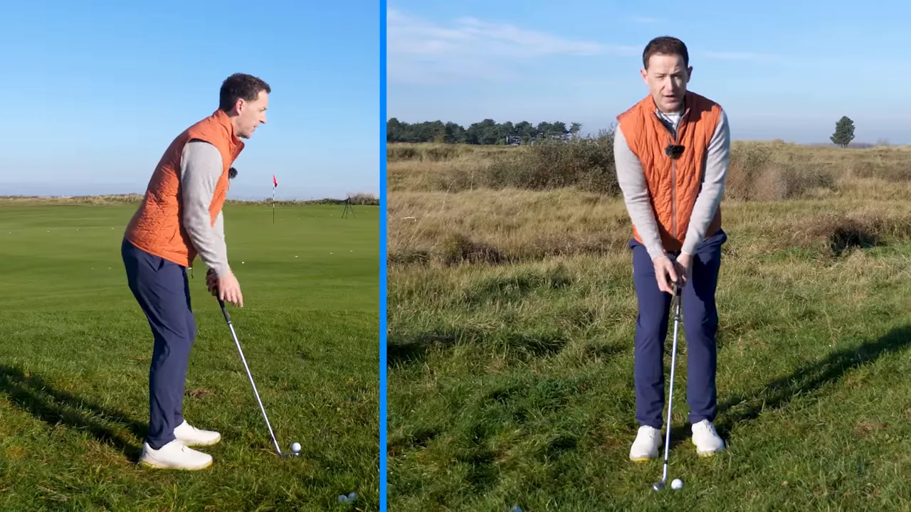 Golfer showing chipping setup with forward lean and locked trail leg, side and front views.