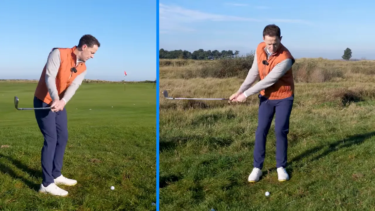 Split-screen showing golfer performing a mid-swing with the club extended, demonstrating an underarm-throw rhythm and pendulum trail arm