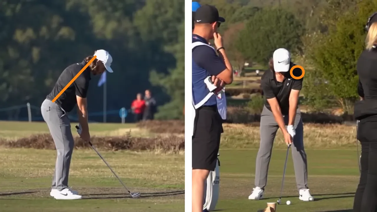 Side profile of a golfer mid‑setup and mid‑backswing with an orange diagonal line illustrating the spine/shoulder tilt and a circled lead shoulder.