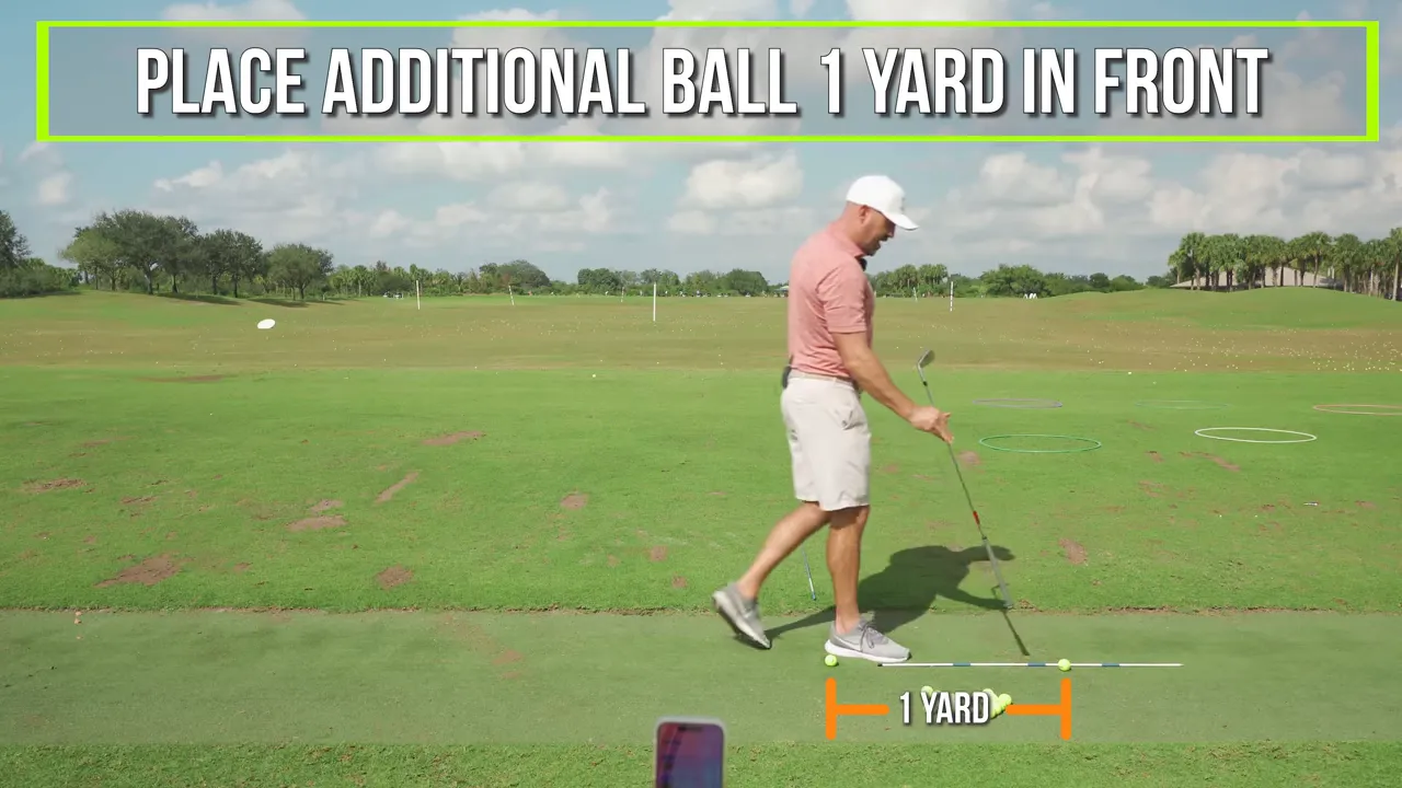 Side view of a golfer at the range showing an extra ball one yard outside with a labelled 1 yard marker and alignment rod.