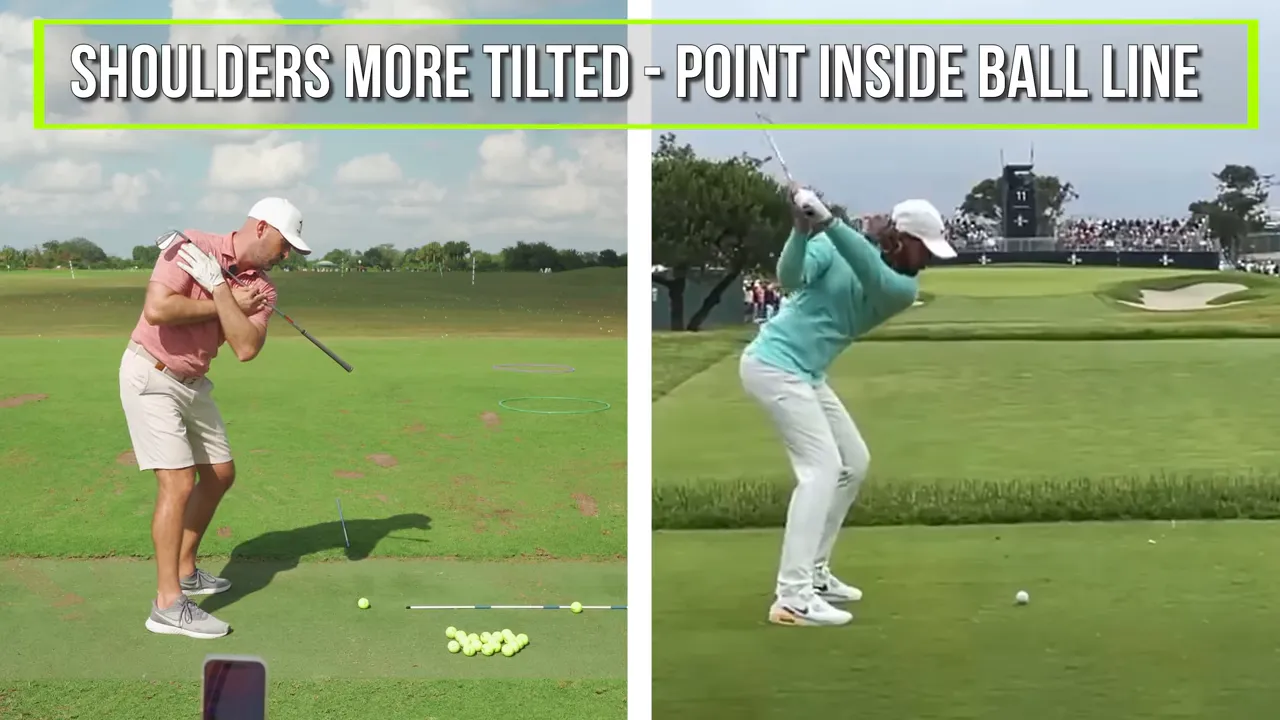 Split-screen image labeled 'SHOULDERS MORE TILTED - POINT INSIDE BALL LINE' showing increased shoulder tilt on the downswing