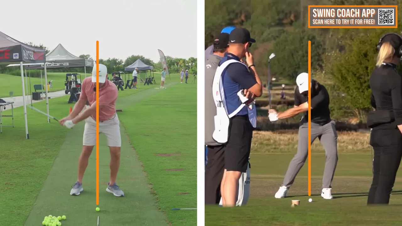 Split-screen comparison showing the transition into the downswing with an orange vertical reference line highlighting shoulder and body positions.