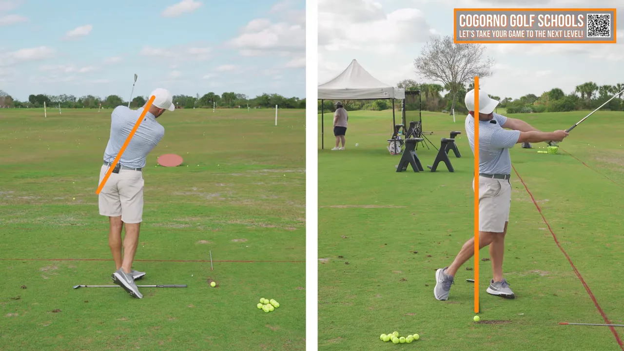Split-screen comparison of two follow-through frames with orange lines showing spine/head alignment and rotation