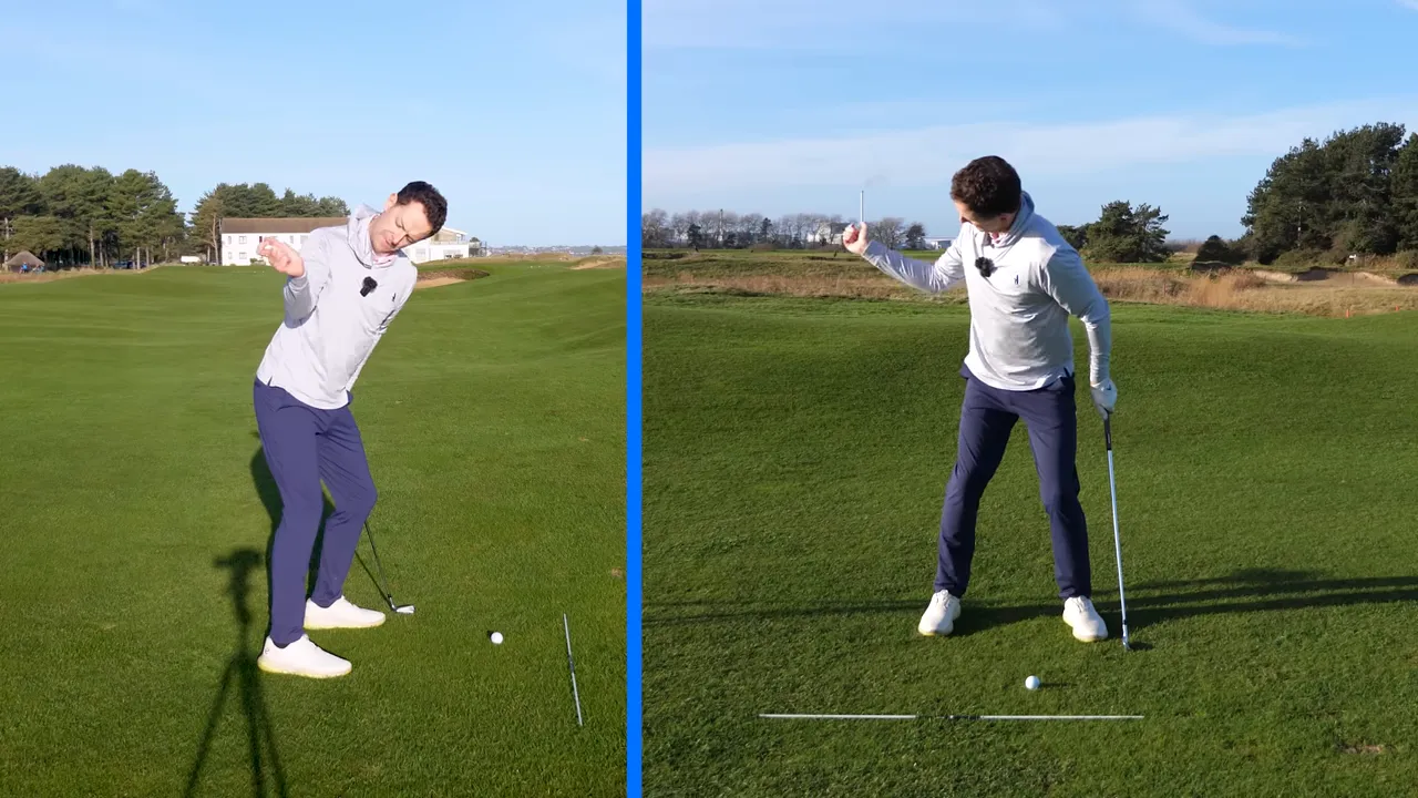 Split-screen showing the right arm spinning down and the elbows rejoining during the swing