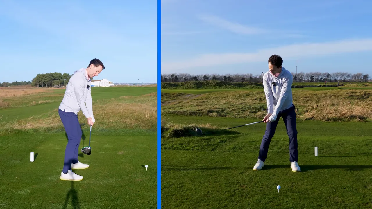Split-screen driver frames showing the downswing and impact positions with hands ahead of the ball, illustrating the trail arm yielding and elbows rejoining