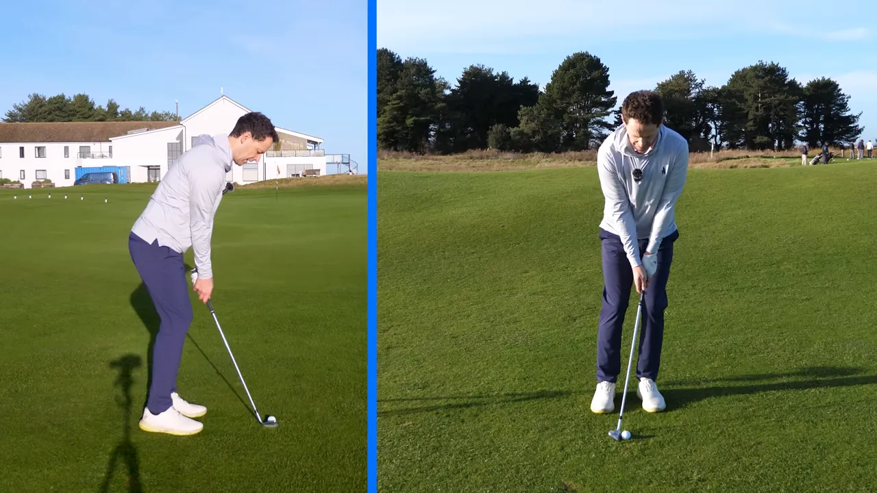 Split-screen side and front views of a golfer setting up for a chip with trail elbow close to lead elbow
