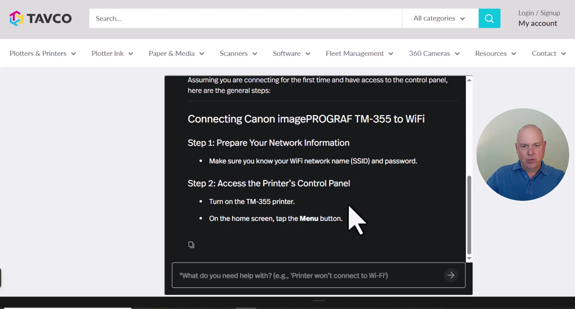 AI assistant providing Wi-Fi connection steps on Tavco Canon support tool