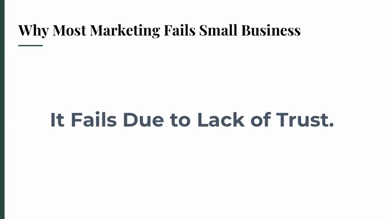 Presentation slide titled 'Why Most Marketing Fails Small Business' with large text: 'It Fails Due to Lack of Trust.'