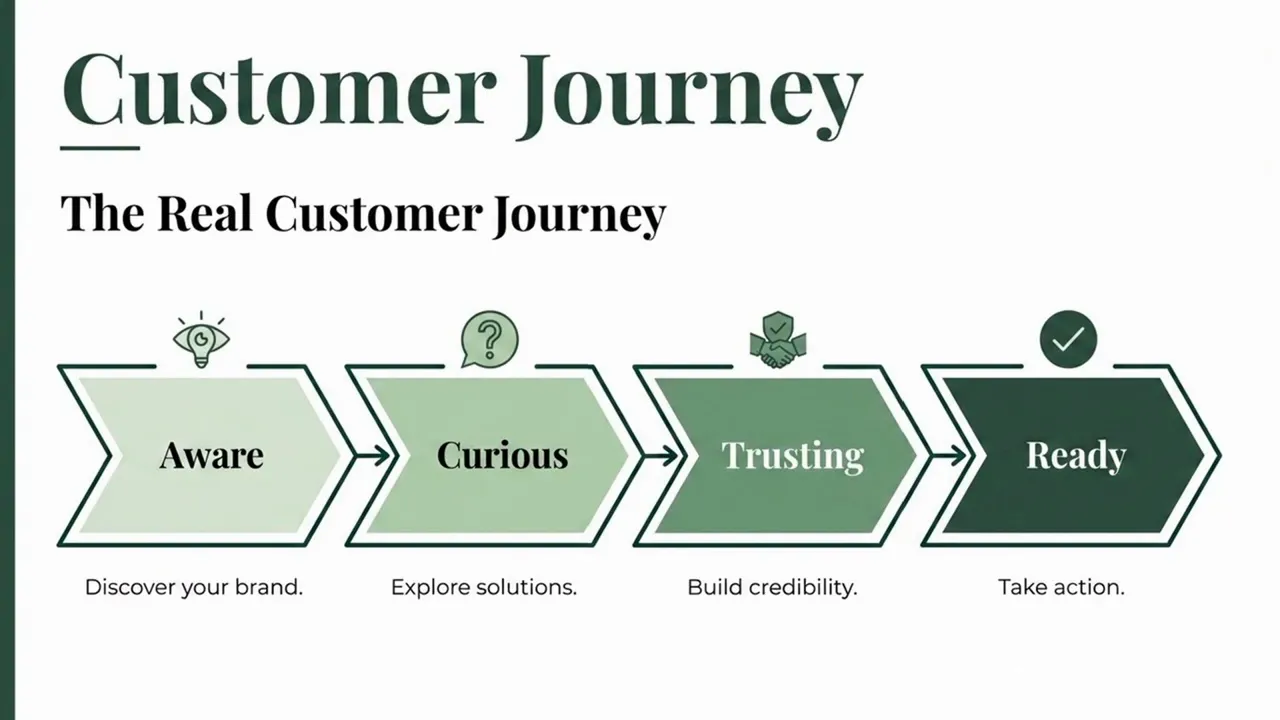 Diagram showing the customer journey stages: Aware, Curious, Trusting, Ready.