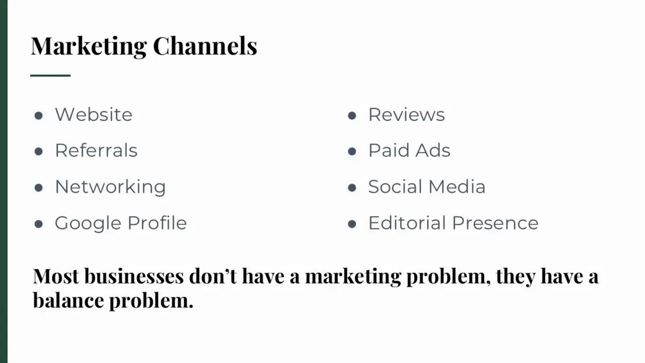 Presentation slide titled 'Marketing Channels' listing Website, Referrals, Networking, Google Profile, Reviews, Paid Ads, Social Media, Editorial Presence and a bold line about balance.