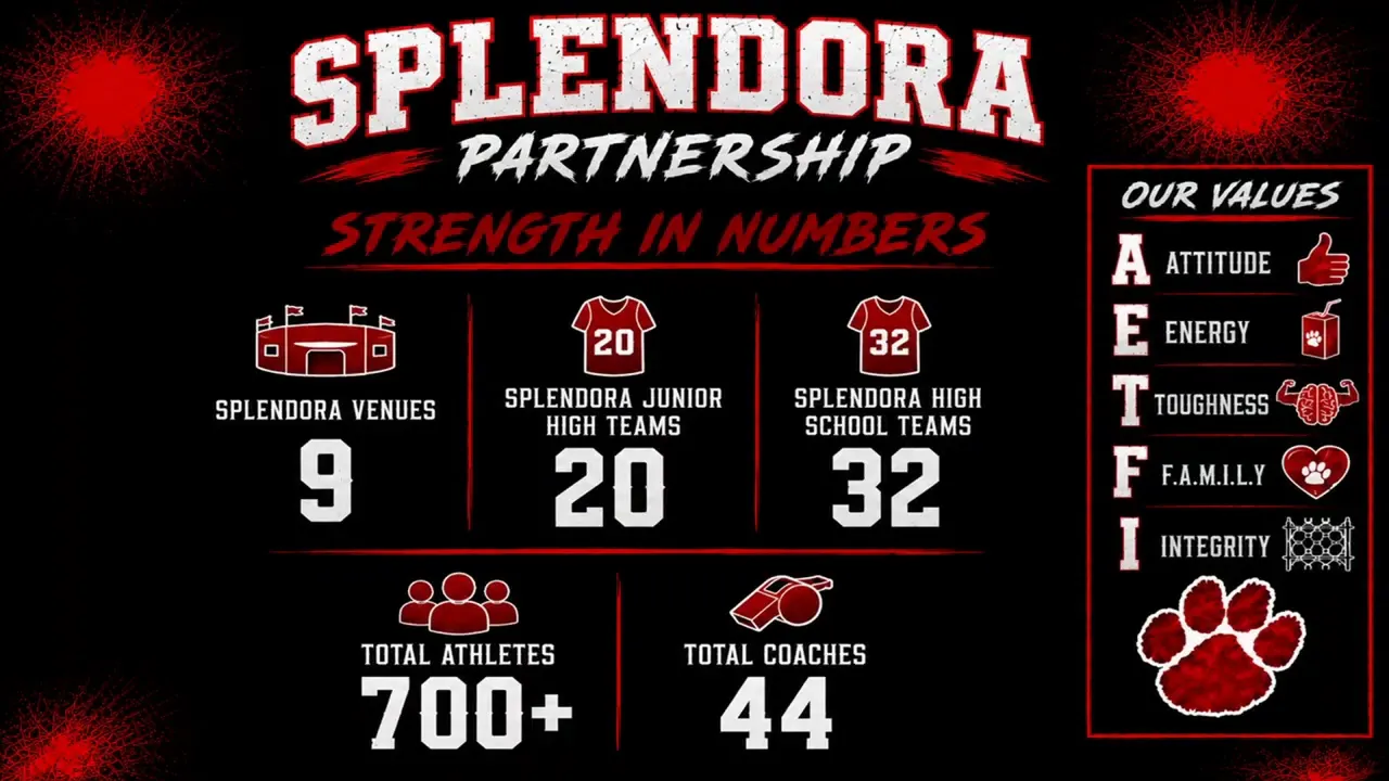 Splendora Partnership slide showing nine venues twenty junior high teams thirty two high school teams over seven hundred athletes and forty four coaches
