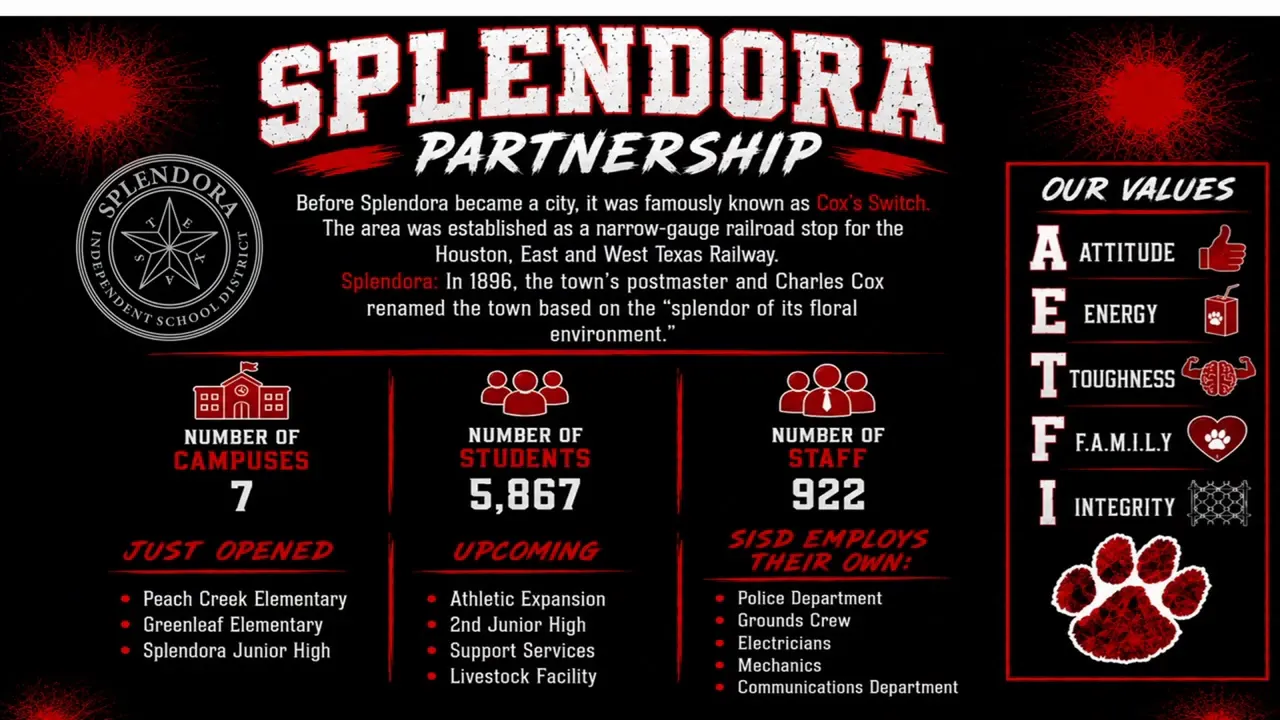 Splendora Partnership slide showing district overview with campuses student count and staff count